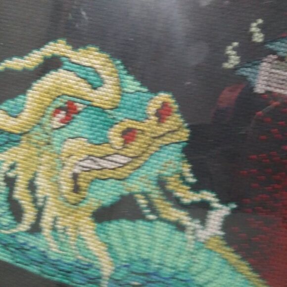 Vintage Dragon Castle Fantasy Landscape Cross Stitch Needlepoint Art Framed - Picture 6 of 8